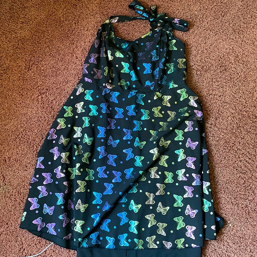 Holographic butterfly black halter top dress